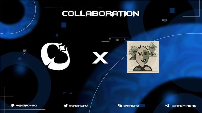 A digital graphic displays 'COLLABORATION' with an 'X' between two logos: a white apple-like symbol on the left and a cartoon character on the right, set against a blue tech-themed background with social media handles.