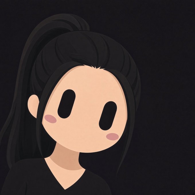 An animated cartoon character with long black hair tied in a high ponytail, pink blushing cheeks, and large oval black eyes against a dark background.
