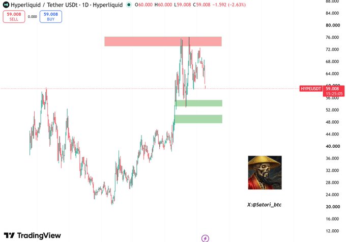A TradingView 1D chart of Hyperliquid/Tether (HYPE/USDT) shows the price pulling back from a supply zone near $75 toward the highlighted support area around $53–55, with current price at $59.008 (-2.63%), illustrating the bearish pullback mentioned in the post.