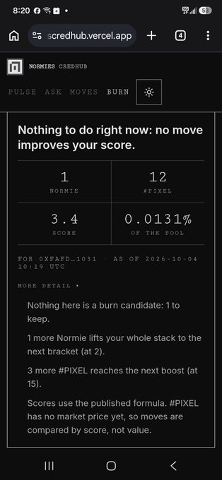 A mobile screenshot of 'scredhub.vercel.app' showing 'NORMIES CREDHUB' stats, including 'Nothing to do right now: no move improves your score,' with details like '1 NORMIE', '12 #PIXEL', '3.4 SCORE', and '0.0131% OF THE POOL'.