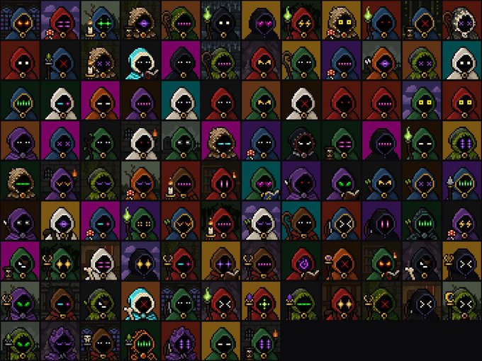 A grid of pixel art hooded character sprites in various colors and styles, characteristic of NFT profile picture projects.