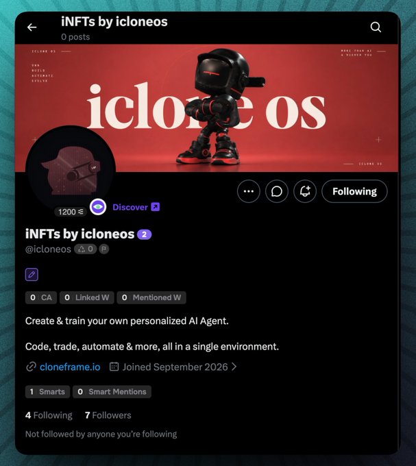 A profile page for 'iNFTs by icloneos' (@icloneos) showing 0 posts, a description about creating and training personalized AI Agents, and statistics showing 4 Following and 7 Followers.