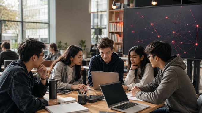 A diverse group of five young adults collaborates around a laptop and notebook at a table in a modern coworking space, with a large screen displaying a red blockchain-style network graphic in the background. The image visually reinforces the post's theme of university students engaging with blockchain and emerging technology opportunities, as shared through Marko Stojanovic and the Fordham University Blockchain Club.