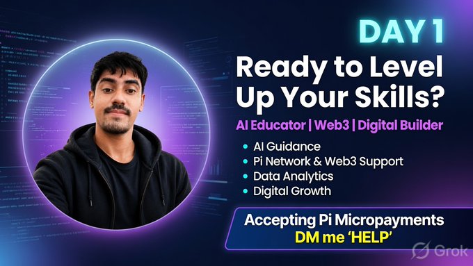A promotional graphic for 'DAY 1' features an AI Educator offering AI Guidance, Pi Network & Web3 Support, and Data Analytics services, accepting Pi micropayments.