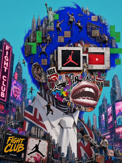A vibrant, collage-style digital artwork featuring a silhouette of a head filled with pop culture imagery including the Statue of Liberty, Air Jordan logos, NBA, YouTube, Fight Club, and lips, set against a cityscape backdrop.