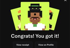 A pixelated character with a black hat and green background is displayed on a digital trading card-style interface with the text "Congrats! You got it!" and buttons labeled "View receipt" and "View on Profile," illustrating the successful onchain acquisition of an NFT paired with 1,000 $OBROK tokens on Robinhood.