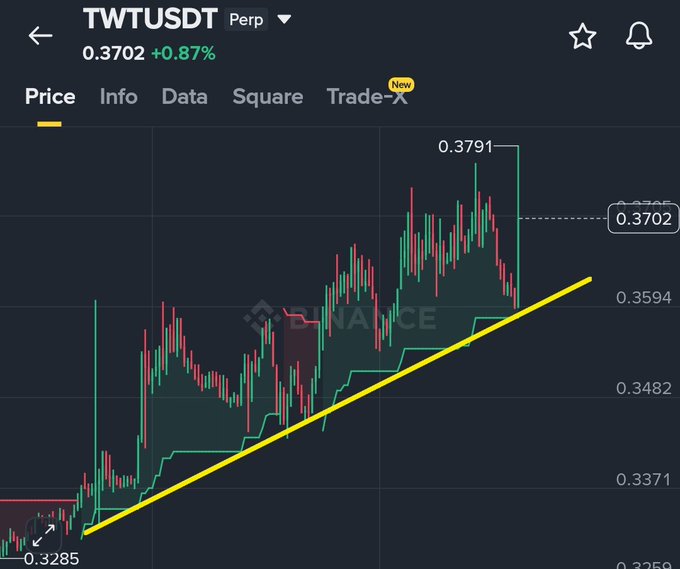 A Binance trading chart for the TWTUSDT perpetual contract showing a price of 0.3702 (+0.87%) with a yellow upward trendline drawn across the candlestick pattern.