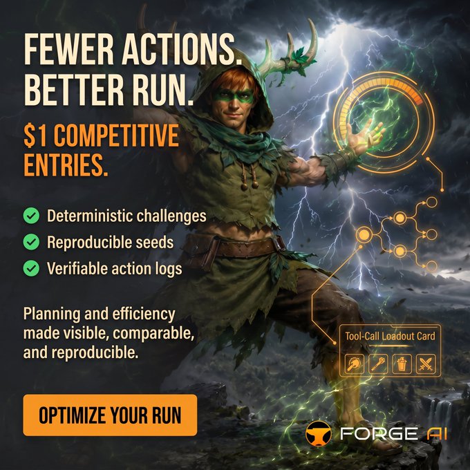 A promotional advertisement for Forge AI featuring a druid character, advertising '$1 Competitive Entries' and 'Optimize Your Run' for gaming challenges.