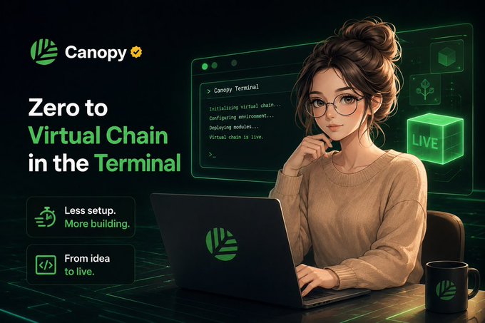 A promotional graphic for "Canopy" advertising "Zero to Virtual Chain in the Terminal" featuring an illustrated woman with glasses using a laptop, alongside features like "Less setup. More building." and "From idea to live."