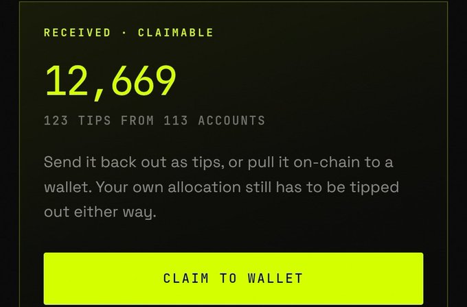 A digital wallet interface showing a 'RECEIVED · CLAIMABLE' notification of 12,669 USDT received as '123 TIPS FROM 113 ACCOUNTS,' with a yellow 'CLAIM TO WALLET' button.