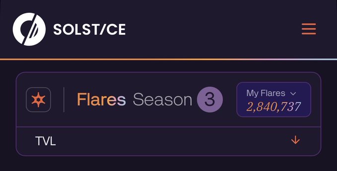 A dark-themed digital interface displays the "SOLST/CE" logo and "Flares Season 3," showing "My Flares" at a value of "2,840,737" and "TVL."