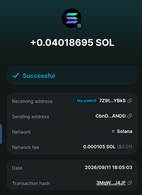 A screenshot of a successful Solana cryptocurrency transaction for +0.04018695 SOL dated 2026/09/11.