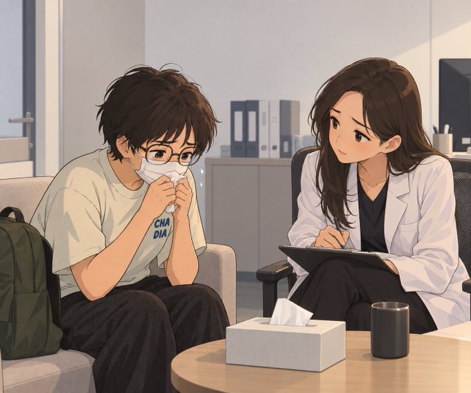 An anime-style illustration depicting a young man with glasses blowing his nose into a tissue while sitting on a couch, being observed by a female doctor in a white coat taking notes on a clipboard.