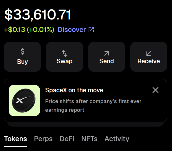 A cryptocurrency wallet app displays a balance of $33,610.71 (+$0.13, +0.01%) with action buttons for Buy, Swap, Send, and Receive, alongside a 'Discover' section featuring SpaceX news.