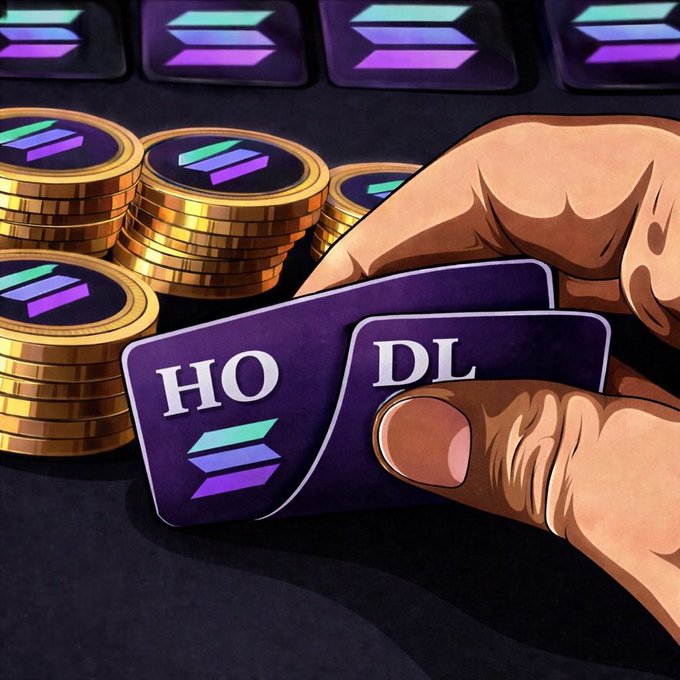 A stylized illustration shows a hand holding two purple cards labeled 'HO' and 'DL' (HODL) with the Solana logo, alongside stacks of gold Solana coins.