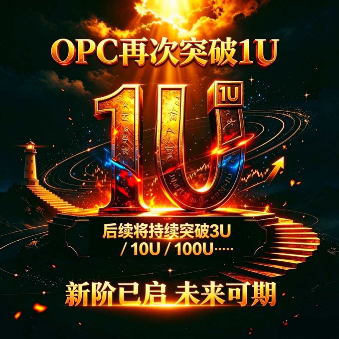 A promotional graphic with Chinese text 'OPC再次突破1U' featuring a large golden '1U' symbol with stairs leading up to it, suggesting further breakthroughs at 3U, 10U, and 100U levels.