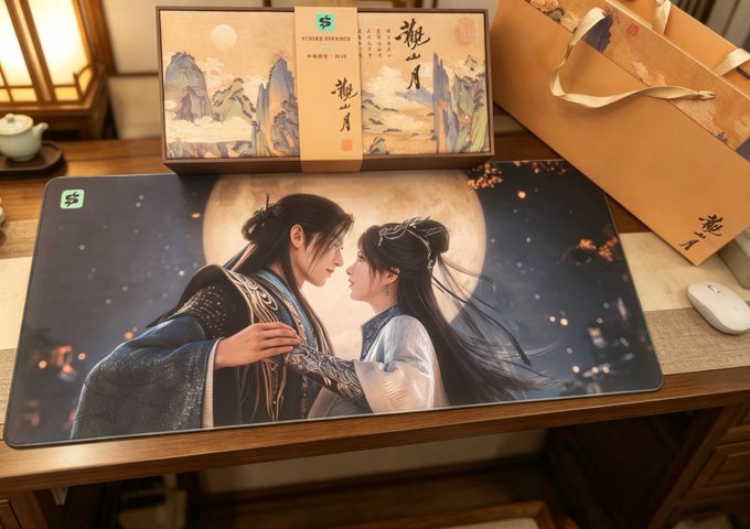 A desk mat featuring artwork of two figures in traditional Chinese attire under a full moon, placed next to a box and shopping bag labeled 'FUTURE FINANCE' with Chinese characters.