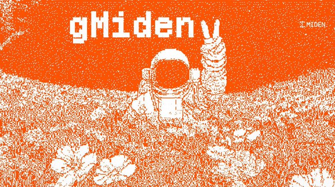 A pixel art illustration in orange and white shows an astronaut making a peace sign amid flowers, with the text 'gMiden' and the 'Miden' logo.