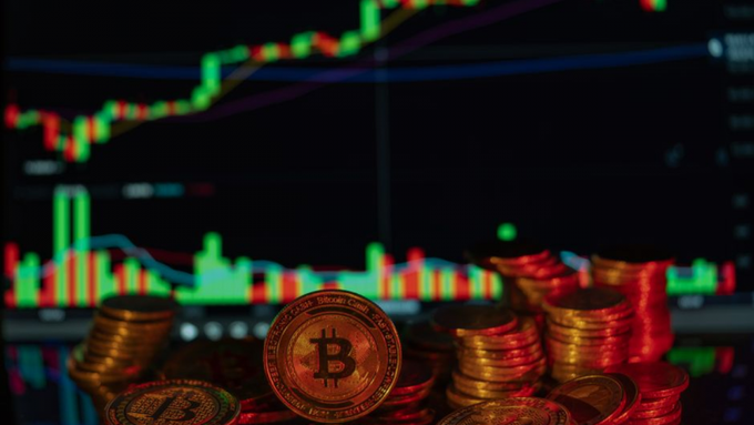 Physical Bitcoin tokens sit in front of a screen displaying a candlestick price chart with green and red bars, symbolizing the crypto market's volatility against the backdrop of cash-heavy money market fund inflows—a visual contrast between speculative digital assets and the safer liquidity retreat described in the post.