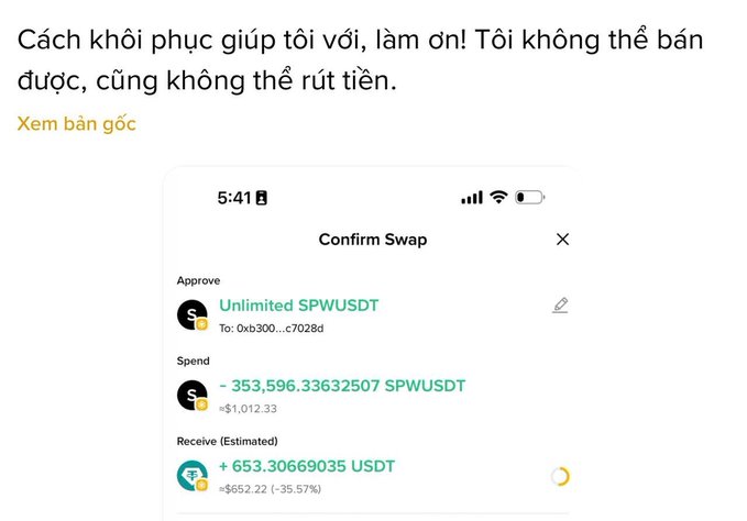 A cryptocurrency user reports being unable to sell or withdraw their SPWUSDT holdings, showing a swap confirmation screen with an unlimited token approval and a negative balance of -353,596.33632507 SPWUSDT (≈$1,012.33) to receive 653.30669035 USDT, illustrating the difficulty of converting these tokens.