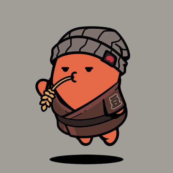 A cartoon-style illustration of an orange, egg-shaped character wearing a grey knit beanie with a red emblem and brown overalls, floating above a small shadow with noodles hanging from its mouth.