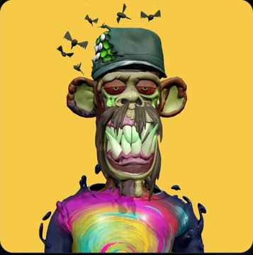 A Bored Ape-style NFT character wearing a gray ushanka hat, with bats flying around its head, featuring prominent green teeth and a colorful tie-dye shirt on a yellow background.