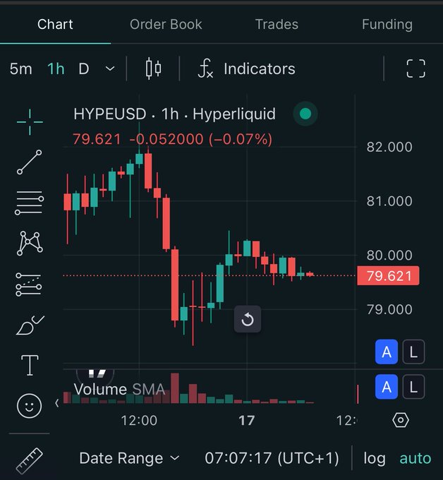 A trading chart screenshot from Hyperliquid showing the HYPEUSD pair on a 1-hour timeframe at 79.621, down 0.07%, with candlesticks and volume bars visible.
