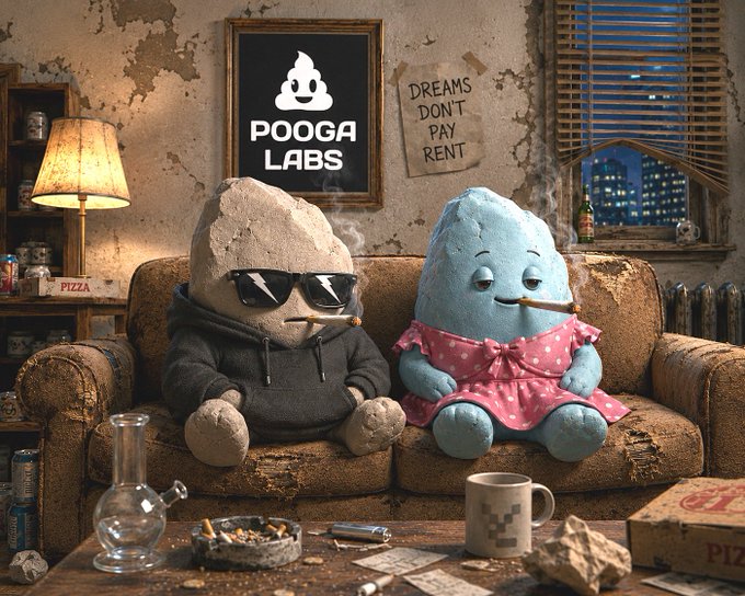 Two plush rock-like characters—one in sunglasses and a hoodie, the other in a pink polka-dot dress—relax on a worn couch smoking, surrounded by pizza boxes, an ashtray, and a bong. A framed "POOGA LABS" logo hangs on the wall next to a sign reading "DREAMS DON'T PAY RENT," matching the casual "gm" vibe of hinting at an upcoming announcement.

Text visible: "POOGA LABS" and "DREAMS DON'T PAY RENT."