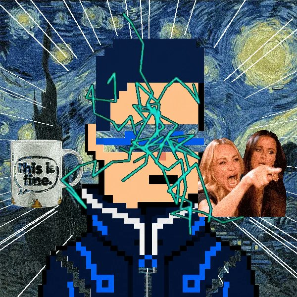 A digital collage featuring a pixelated character in a dark blue outfit with a glitching green face, set against Van Gogh's 'Starry Night' background with radiating lines, a 'This is fine.' coffee mug, and an inserted photo of two women reacting in shock.