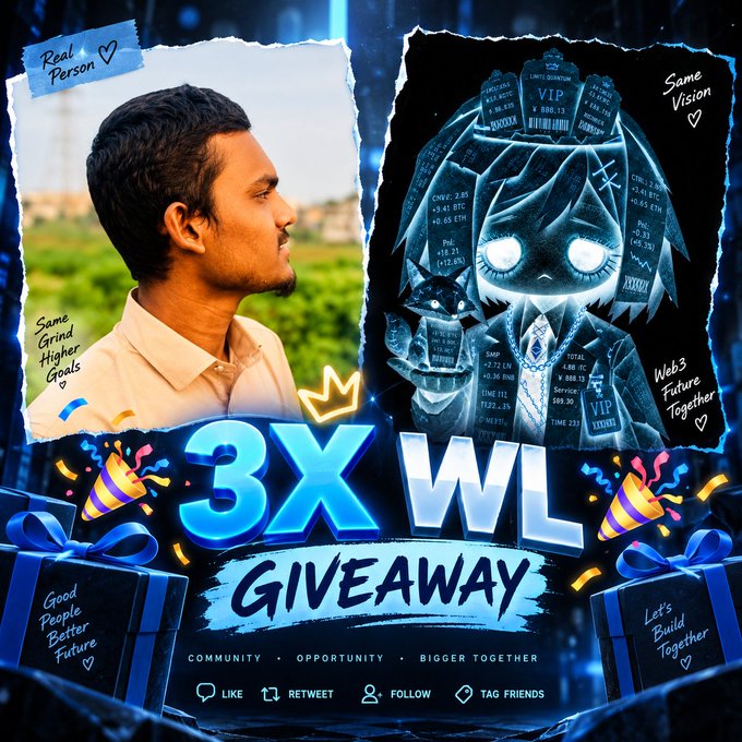 Promotional graphic for a '3X WL GIVEAWAY' featuring a photograph of a young man labeled 'Real Person' next to an anime-style character with a 'Same Vision' label, advertising a crypto/Web3 whitelist giveaway with tags like 'LIKE', 'RETWEET', 'FOLLOW', and 'TAG FRIENDS'.