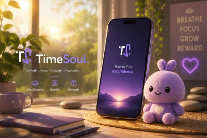 A promotional image for the 'TimeSoul' app with the tagline 'Mindfulness. Growth. Rewards.' showing a smartphone displaying 'Your path to mindfulness' next to a purple bunny plush and the words 'BREATHE FOCUS GROW REWARD' on a sign.