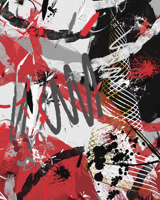 An abstract painting features bold strokes and splatters of black, red, white, and gray paint, along with yellow and white scribbled lines.