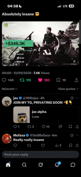 A mobile social media feed showing a post captioned 'Absolutely insane 😳' with a video thumbnail featuring a +$345.3K profit, followed by comments from 'jax' and 'Mufasa'.