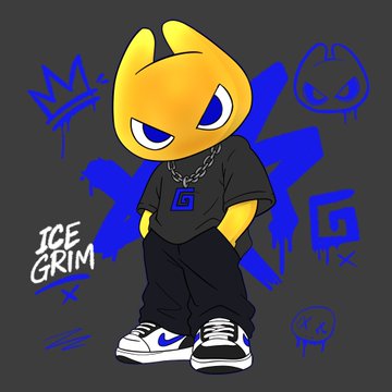 A cartoon character with a yellow flame-like head wearing a black t-shirt with a "G" logo, black pants, and Nike sneakers, surrounded by blue graffiti including the text "ICE GRIM".