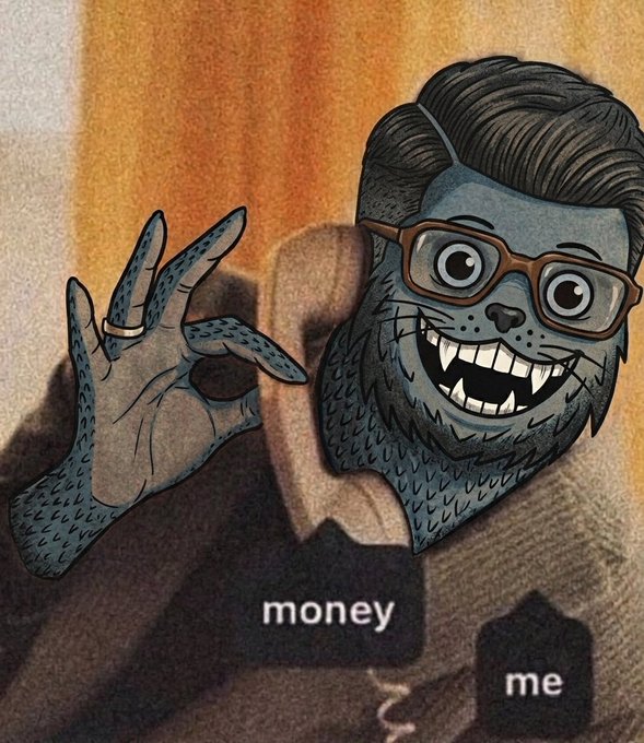 A cartoon illustration of a smiling gray furry character wearing glasses making an 'OK' gesture, with labels 'money' and 'me' at the bottom.