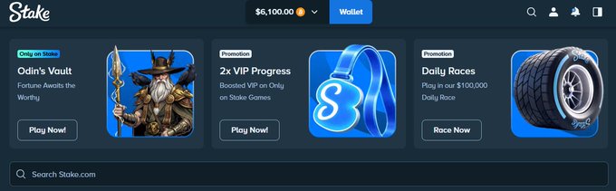 The Stake.com website homepage displays promotions including 'Odiri's Vault: Fortune Awaits the Worthy', '2x VIP Progress' with boosted VIP on Stake Games, and 'Daily Races' with a $100,000 Daily Race prize.