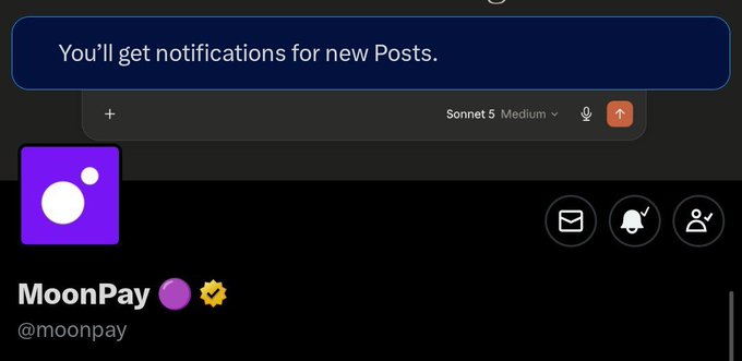 A screenshot of the MoonPay (@moonpay) Twitter profile with a "You'll get notifications for new Posts" banner, showing the interface elements of the social media platform, humorously suggesting that the crypto community is heavily focused on MoonPay's social media activity.
