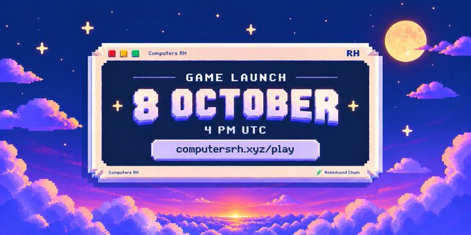 A pixel-art style promotional banner for a game launch on October 8th at 4 PM UTC, directing viewers to computersrh.xyz/play, branded with Computers RH and Robotshood Chain logos.