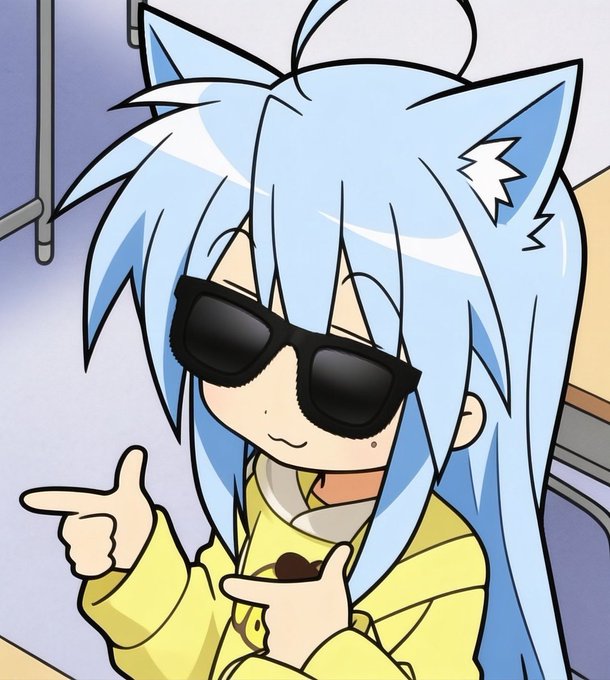 An anime-style chibi character with light blue hair, cat ears, and oversized black sunglasses, wearing a yellow hoodie and pointing playfully.