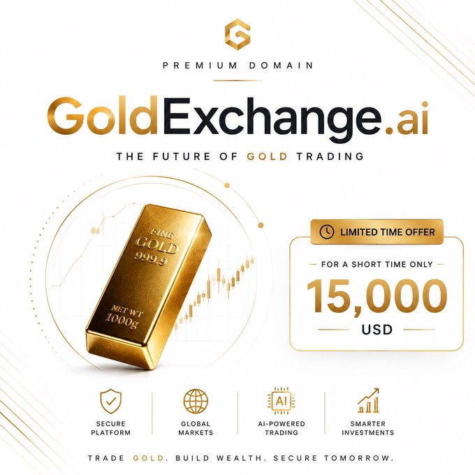 An advertisement for the premium domain "GoldExchange.ai" describing it as the future of gold trading, with a limited time offer of $15,000 USD and features like secure platform and AI-powered trading.