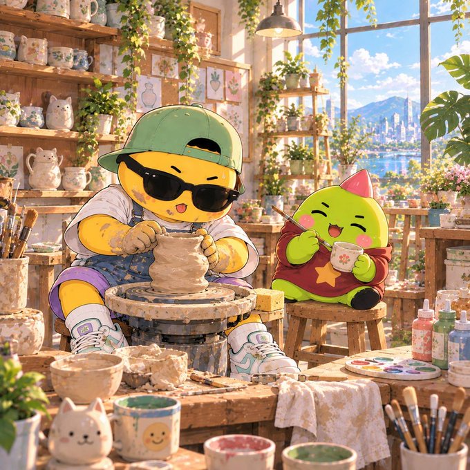 An illustration depicts a yellow emoji character wearing sunglasses and a green cap making pottery at a wheel, accompanied by a green smiling character in a red star shirt, in a sunlit studio with a city view.