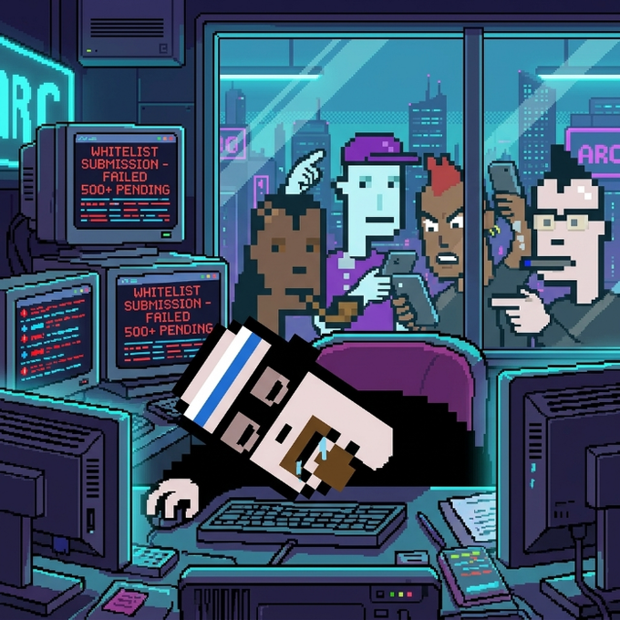 A pixel-art illustration shows a stressed-out character slumped face-down at a desk surrounded by multiple monitors displaying "WHITELIST SUBMISSION - FAILED" and "500+ PENDING" error messages, while four impatient users press their phones and point accusingly through the window—visually capturing the overwhelmed developer and frustrated community during the whitelist submission outage mentioned in the post.
