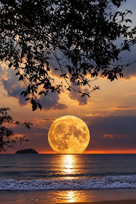A large glowing full moon rising over the ocean at sunset, with silhouetted tree branches and leaves framing the top of the image and waves visible on the shore.