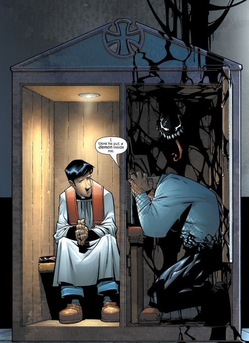 A comic panel shows a priest sitting in a confessional booth, telling a demonic figure in the adjacent side, "think he put a demon inside me," as the shadowy, fanged creature looms menacingly in the darkened space.