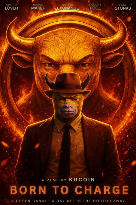 The image is a KuCoin-branded meme featuring an anthropomorphic bull in a suit and fedora with the slogan "BORN TO CHARGE - A GREEN CANDLE A DAY KEEPS THE DOCTOR AWAY," promoting top categories like Crypto Lover, Market Maker, and Favorite Exchange (along with "dear Stonks"). It ties to the post by humorously blaming the bull for inspiring viewers to share their best $NIULAI memes, channeling the bullish "born to charge" energy.