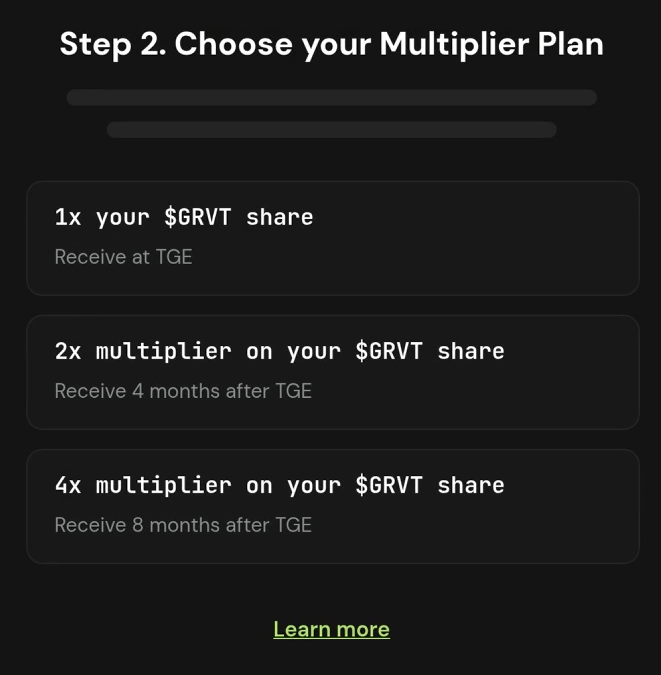 A dark interface showing 'Step 2. Choose your Multiplier Plan' with three options for $GRVT share: 1x at TGE, 2x multiplier 4 months after TGE, and 4x multiplier 8 months after TGE, with a 'Learn more' link.