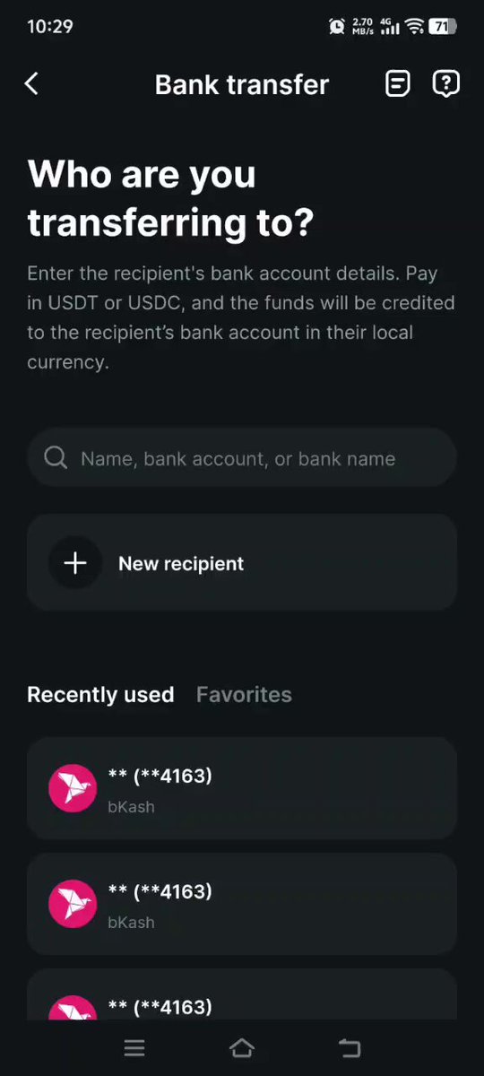 The image shows an app screen with a black background, displaying information about transferring funds using Bitget Wallet P2P. The text on the screen reads "Who are you transferring to? Enter the recipient's bank account details. Pay in US dollars or USDC and the funds will be credited to the recipient's bank account in their local currency."