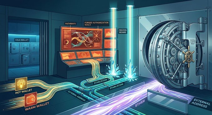 A stylized digital illustration of a cryptocurrency vault with labeled sections including 'HOT WALLET', 'WARM WALLET', 'COLD WALLET', 'PATHWAYS', 'FORGED AUTHORIZATION SEAL', 'FROZEN BEAMS', 'STABLECOIN', and 'ETHER' flowing into an 'EXTERNAL ADDRESS'.