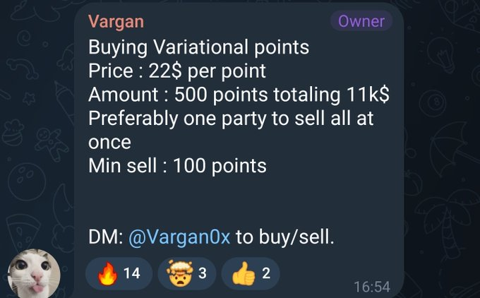 A Discord message from user Vargan (Owner) advertising the buying of Variational points at 22$ per point, totaling 500 points for 11k$, with a minimum sell of 100 points, asking people to DM @VarganOx.