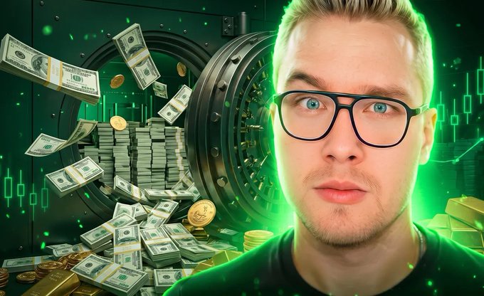 The image features a man wearing glasses, standing next to a large amount of money that appears to be fake gold or silver coins scattered around him. The background shows an open safe with stacks of money falling out onto the floor. The caption at the bottom of the image reads "FINAL HOURS FOR XRP HOLDERS I'VE been getting messages all day from people asking if this is still available".